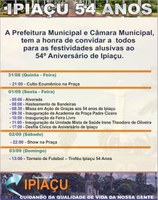A cidade de Ipiaçu faz 54 anos, amanhã, dia 31 de agosto de 2017 