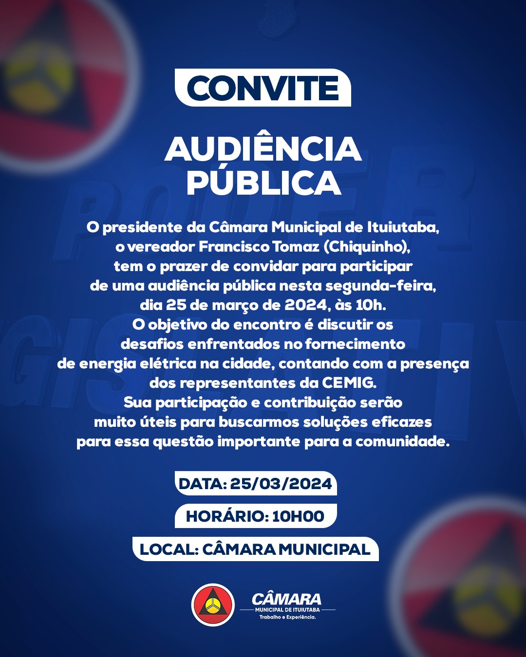 Audiência Pública na próxima segunda-feira discutirá sobre problemas enfrentados no fornecimento de Energia em Ituiutaba*