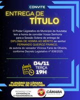 Câmara entregará Diploma de Honra ao Mérito a Fernando Queiroz Franco