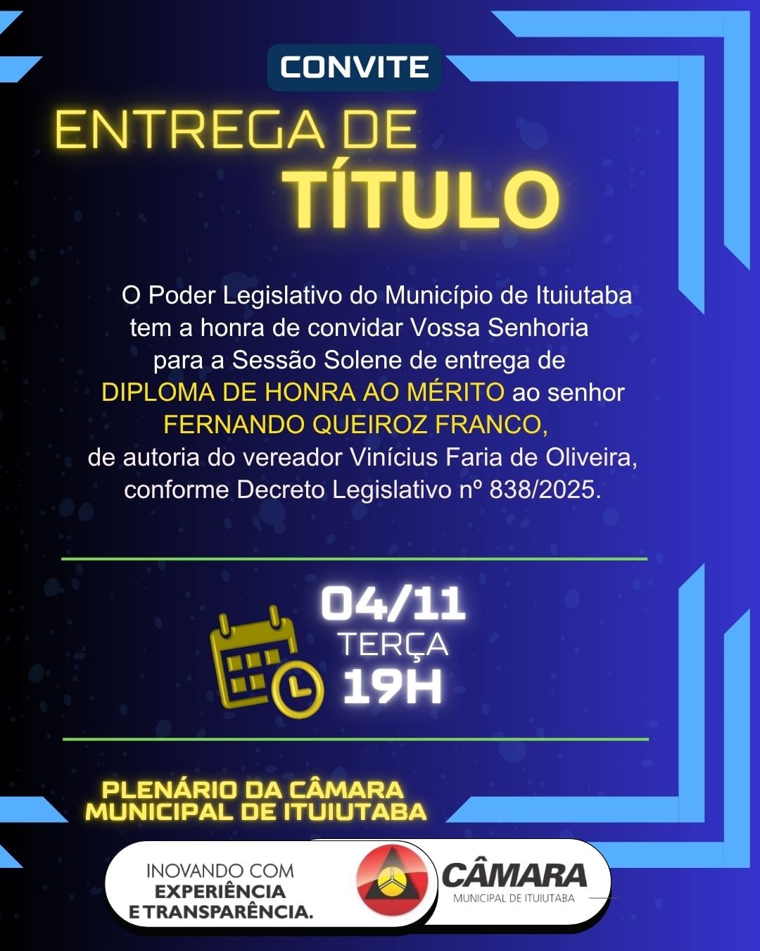 Câmara entregará Diploma de Honra ao Mérito a Fernando Queiroz Franco