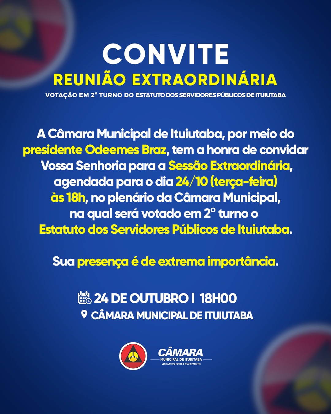 Câmara Municipal de Ituiutaba convida para sessão extraordinária de votação em 2º turno do Estatuto dos Servidores Públicos
