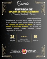 Câmara Municipal fará entrega de Diploma de Honra ao Mérito