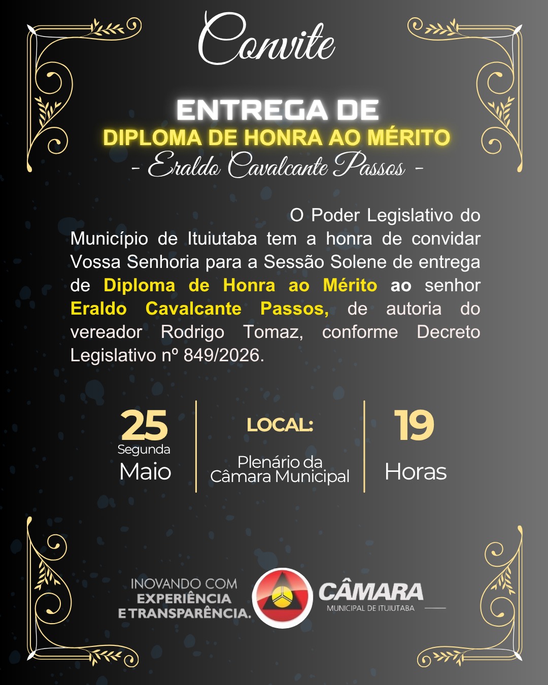 Câmara Municipal fará entrega de Diploma de Honra ao Mérito