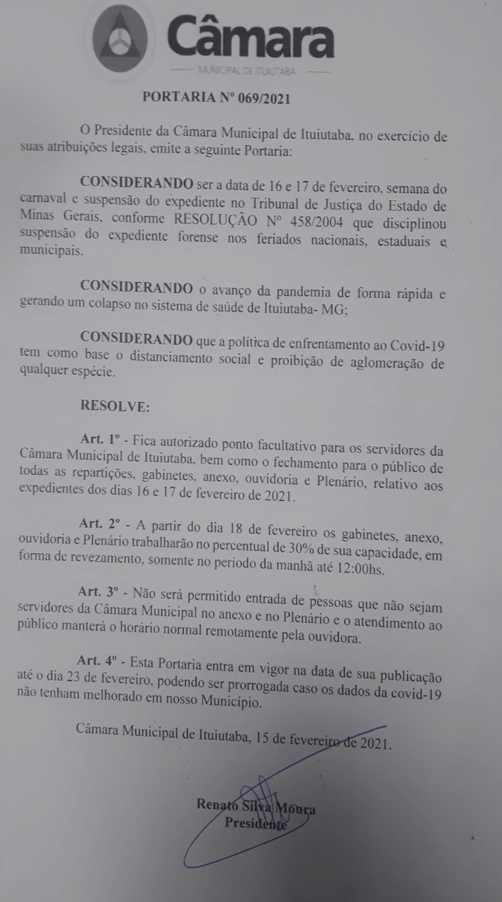 Câmara suspende atividades presenciais
