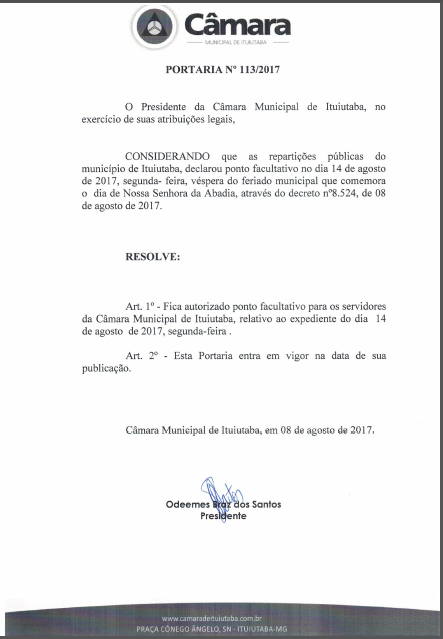 Com o feriado de Nossa Senhora da Abadia, o expediente da Câmara de Ituiutaba volta ao normal no dia 16,  quarta-feira