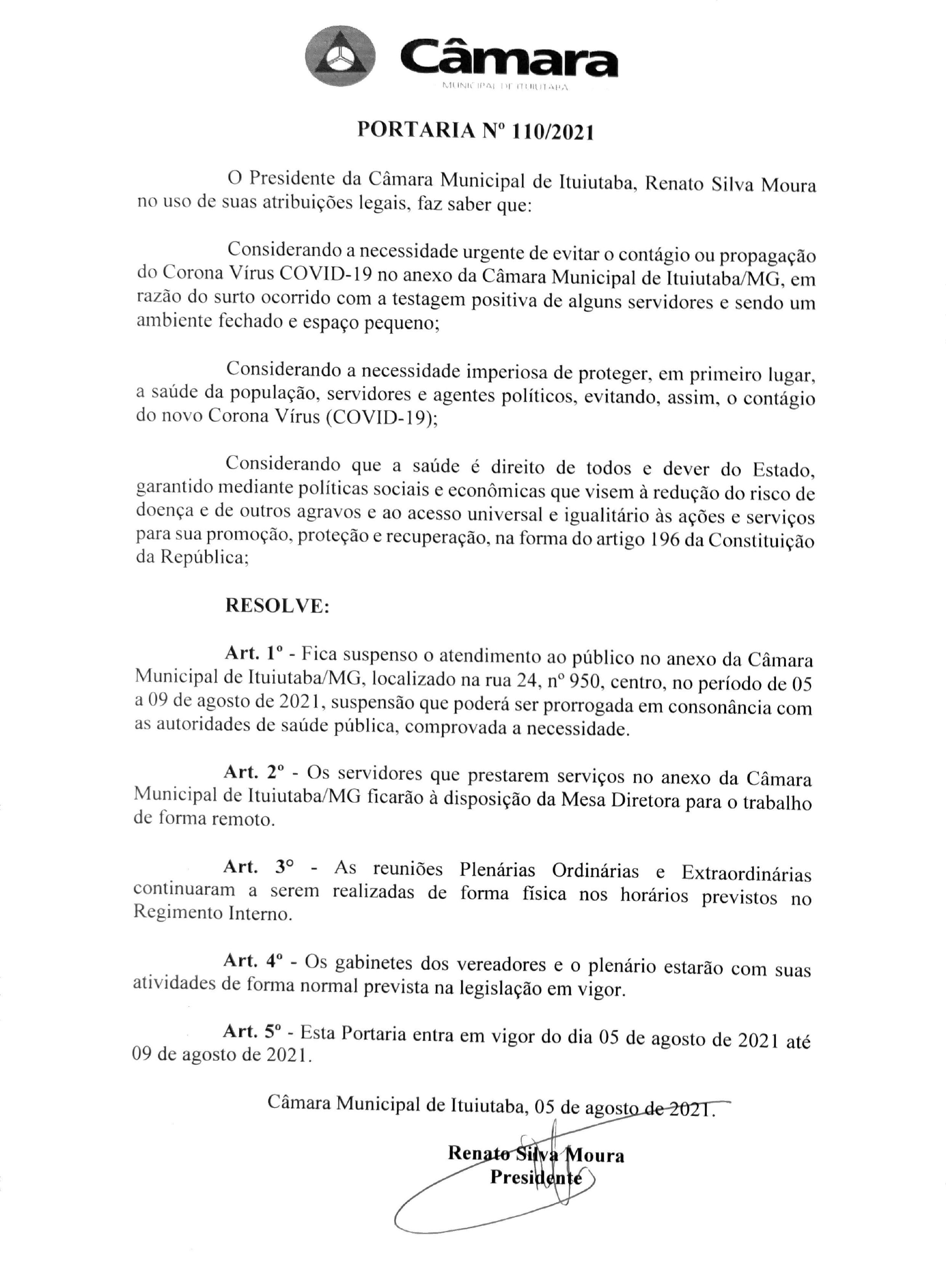 Nota à população - Portaria  n.° 110/2021