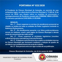 Portaria suspende algumas atividades da Câmara Municipal de Ituiutaba.